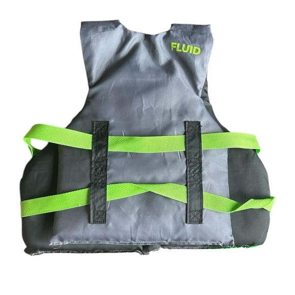 Fluid Aquatics Neon Green + Gray Life Vest with Reflective Strips, YOUTH 50-90lb - Picture 2 of 4